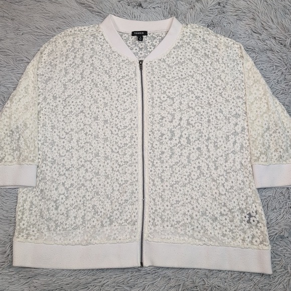 Torrid Jacket‎ Womens 3 White Floral Lace Sheer Zip Up Lightweight Casual Comfy - Picture 1 of 10